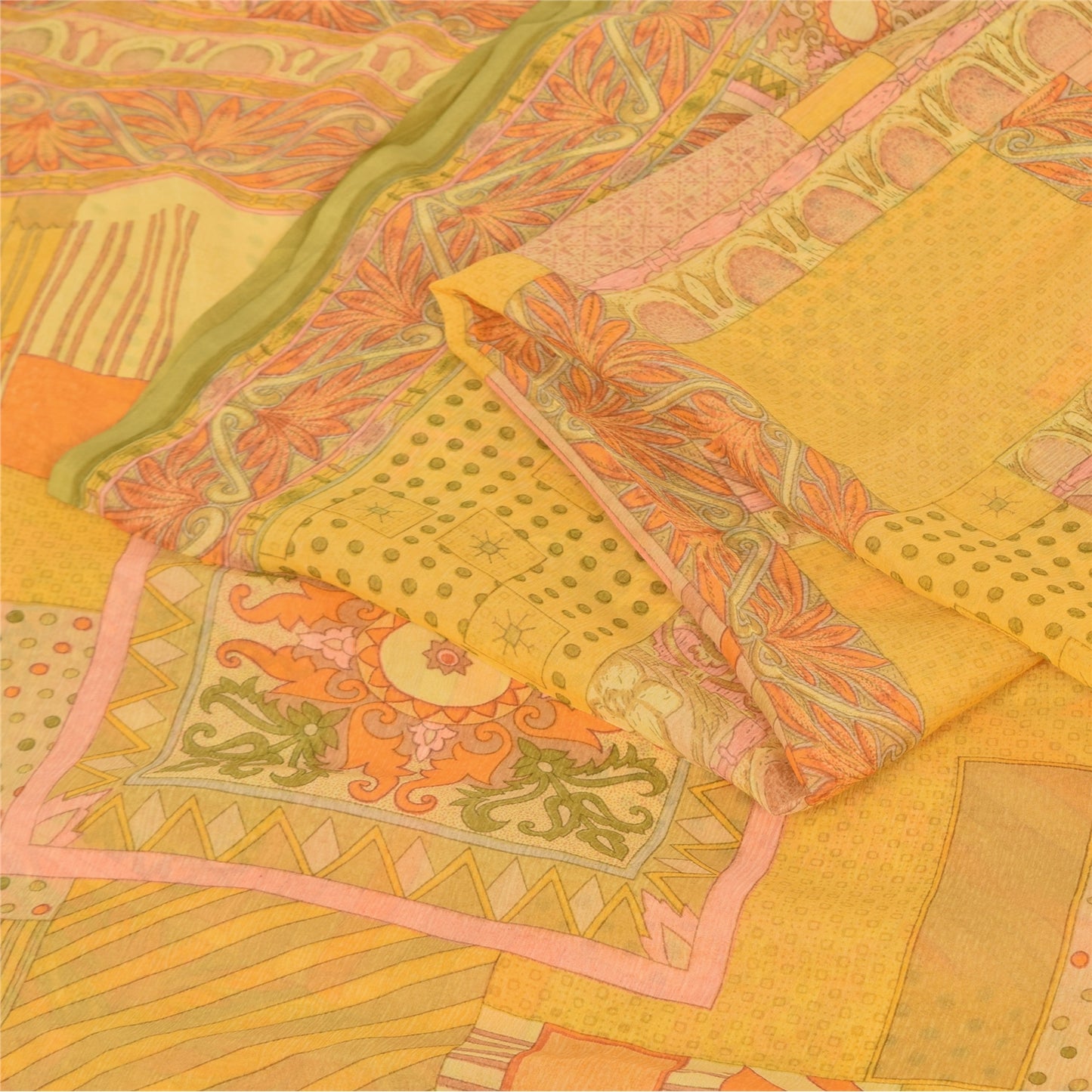 Sanskriti Vintage Sarees Yellow Indian Pure Chiffon Silk Printed Sari 6yd Fabric