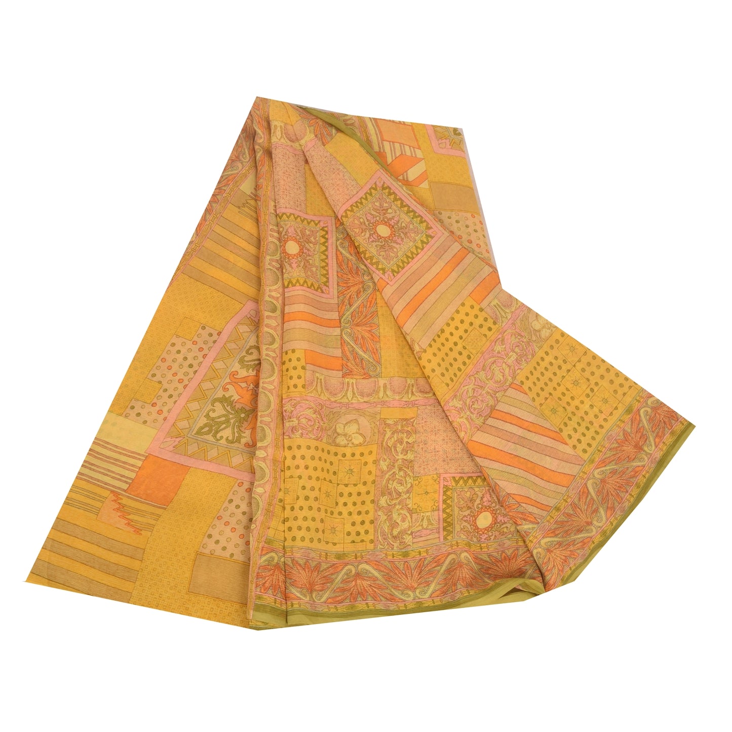 Sanskriti Vintage Sarees Yellow Indian Pure Chiffon Silk Printed Sari 6yd Fabric