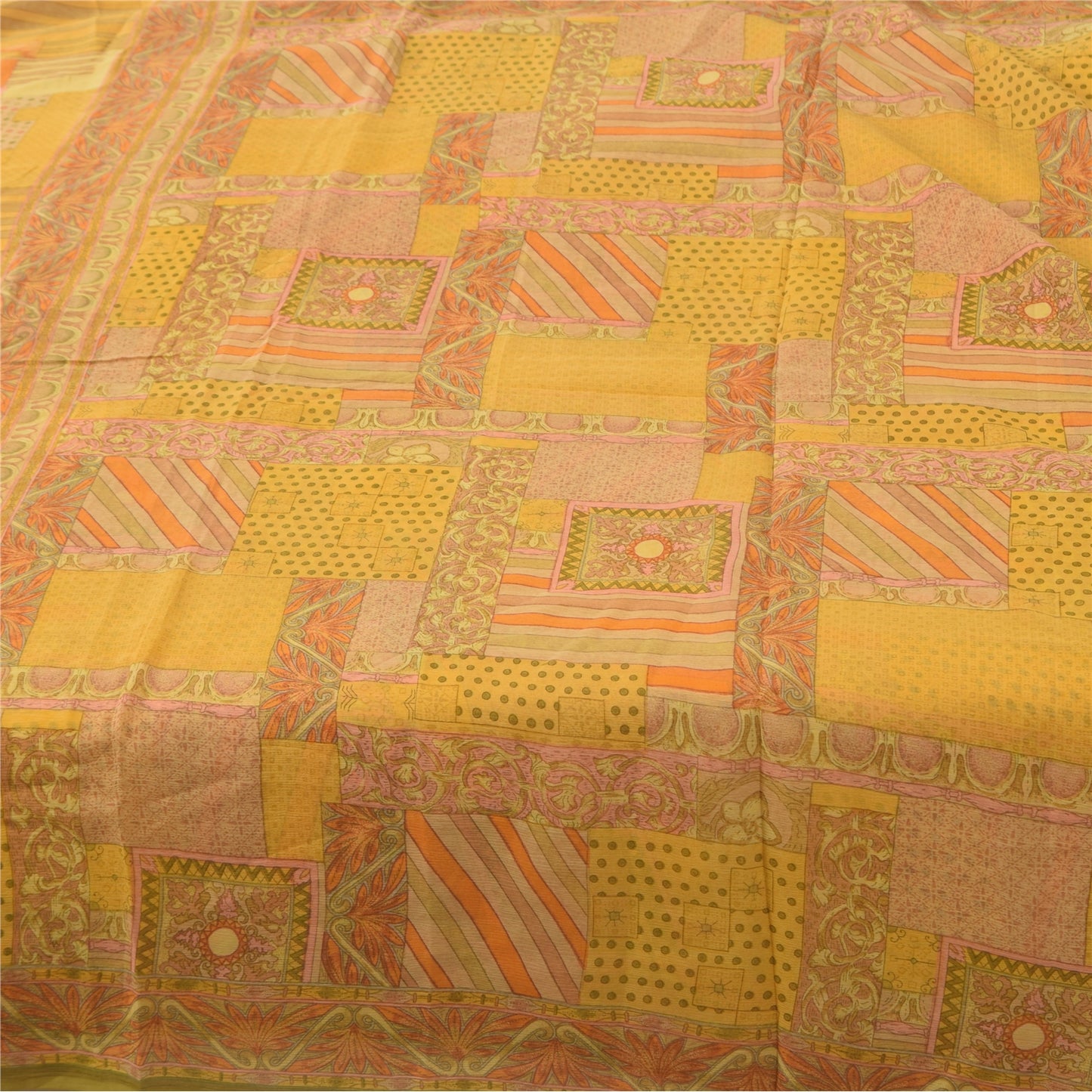 Sanskriti Vintage Sarees Yellow Indian Pure Chiffon Silk Printed Sari 6yd Fabric