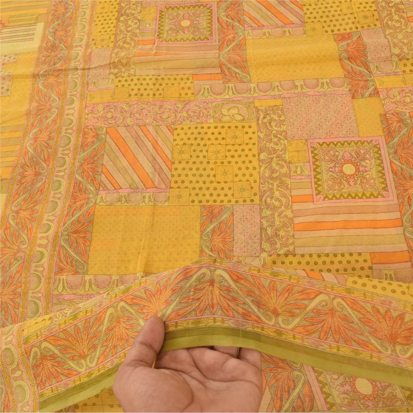 Sanskriti Vintage Sarees Yellow Indian Pure Chiffon Silk Printed Sari 6yd Fabric