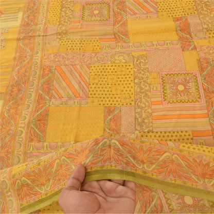 Sanskriti Vintage Sarees Yellow Indian Pure Chiffon Silk Printed Sari 6yd Fabric