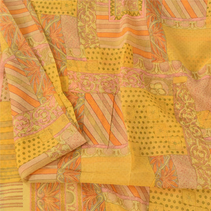 Sanskriti Vintage Sarees Yellow Indian Pure Chiffon Silk Printed Sari 6yd Fabric