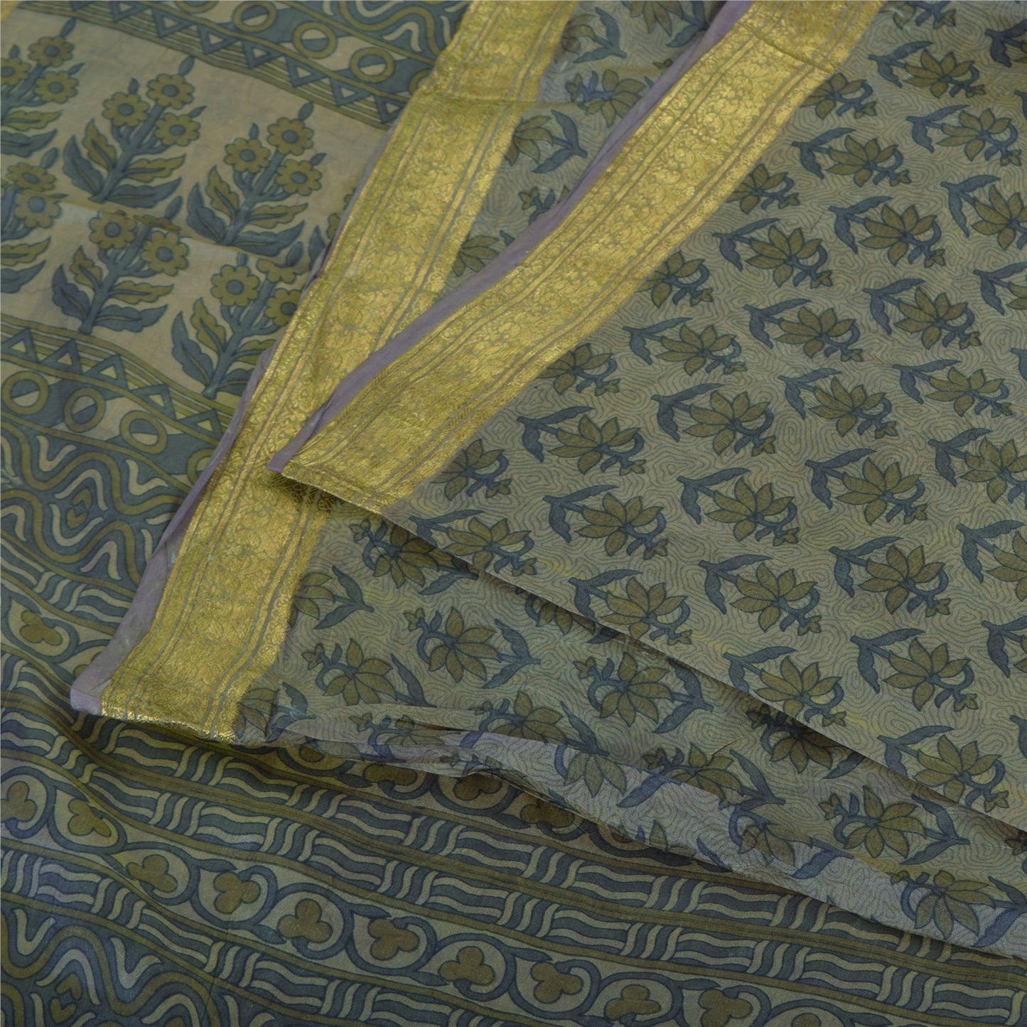 Sanskriti Vintage Sarees Green Zari Border Pure Silk Print Sari 5yd Craft Fabric