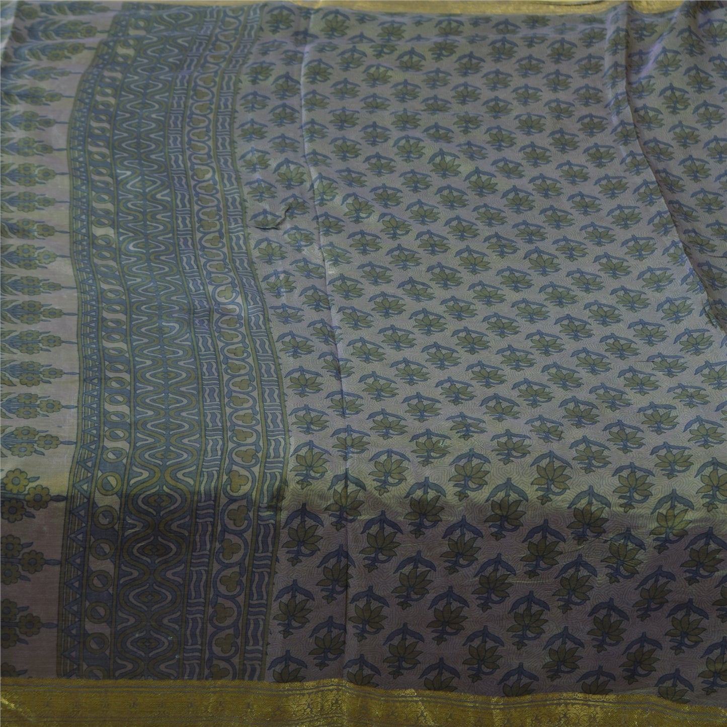 Sanskriti Vintage Sarees Green Zari Border Pure Silk Print Sari 5yd Craft Fabric