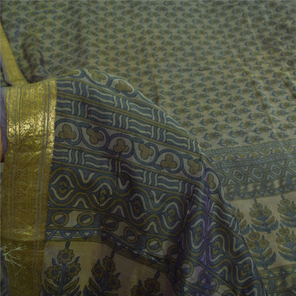 Sanskriti Vintage Sarees Green Zari Border Pure Silk Print Sari 5yd Craft Fabric