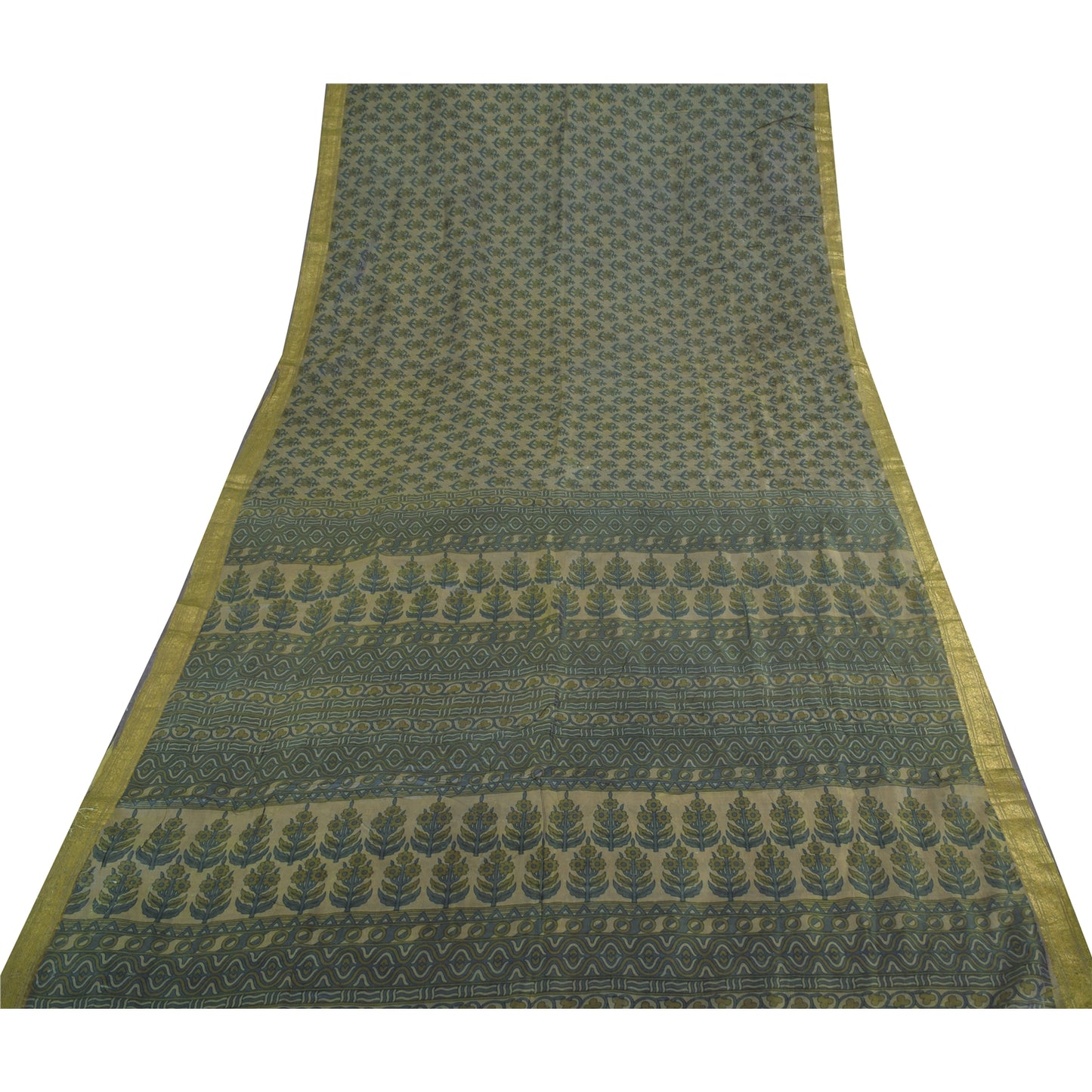 Sanskriti Vintage Sarees Green Zari Border Pure Silk Print Sari 5yd Craft Fabric