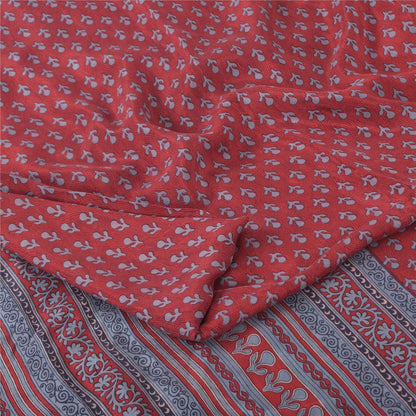 Sanskriti Vintage Sarees Red-Grayish Blue Pure Silk Print Sari 5yd Craft Fabric