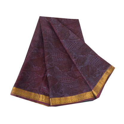 Sanskriti Vintage Sarees Brown/Blue Zari Border Pure Silk Printed Sari Fabric