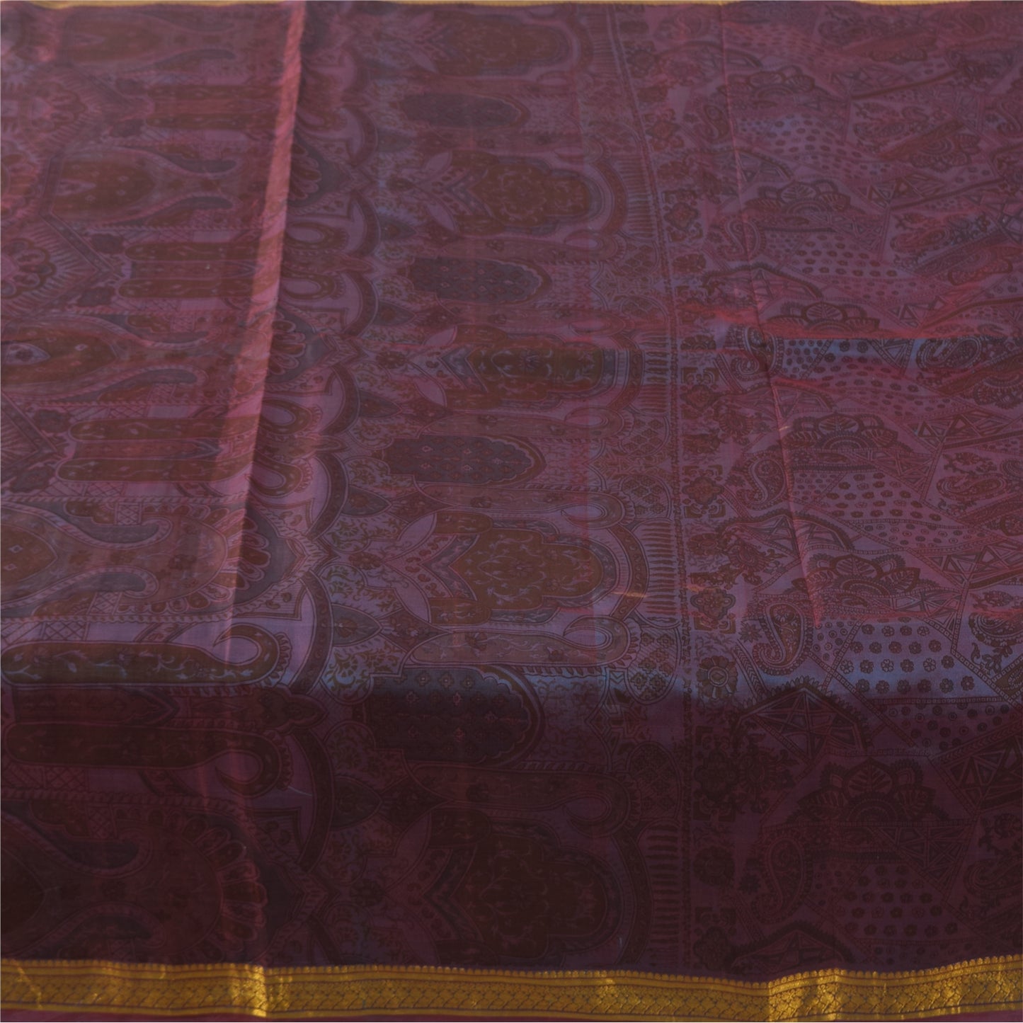 Sanskriti Vintage Sarees Brown/Blue Zari Border Pure Silk Printed Sari Fabric