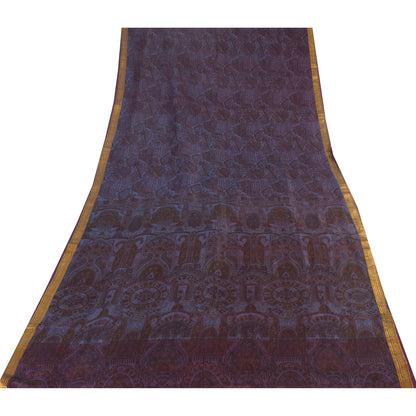 Sanskriti Vintage Sarees Brown/Blue Zari Border Pure Silk Printed Sari Fabric