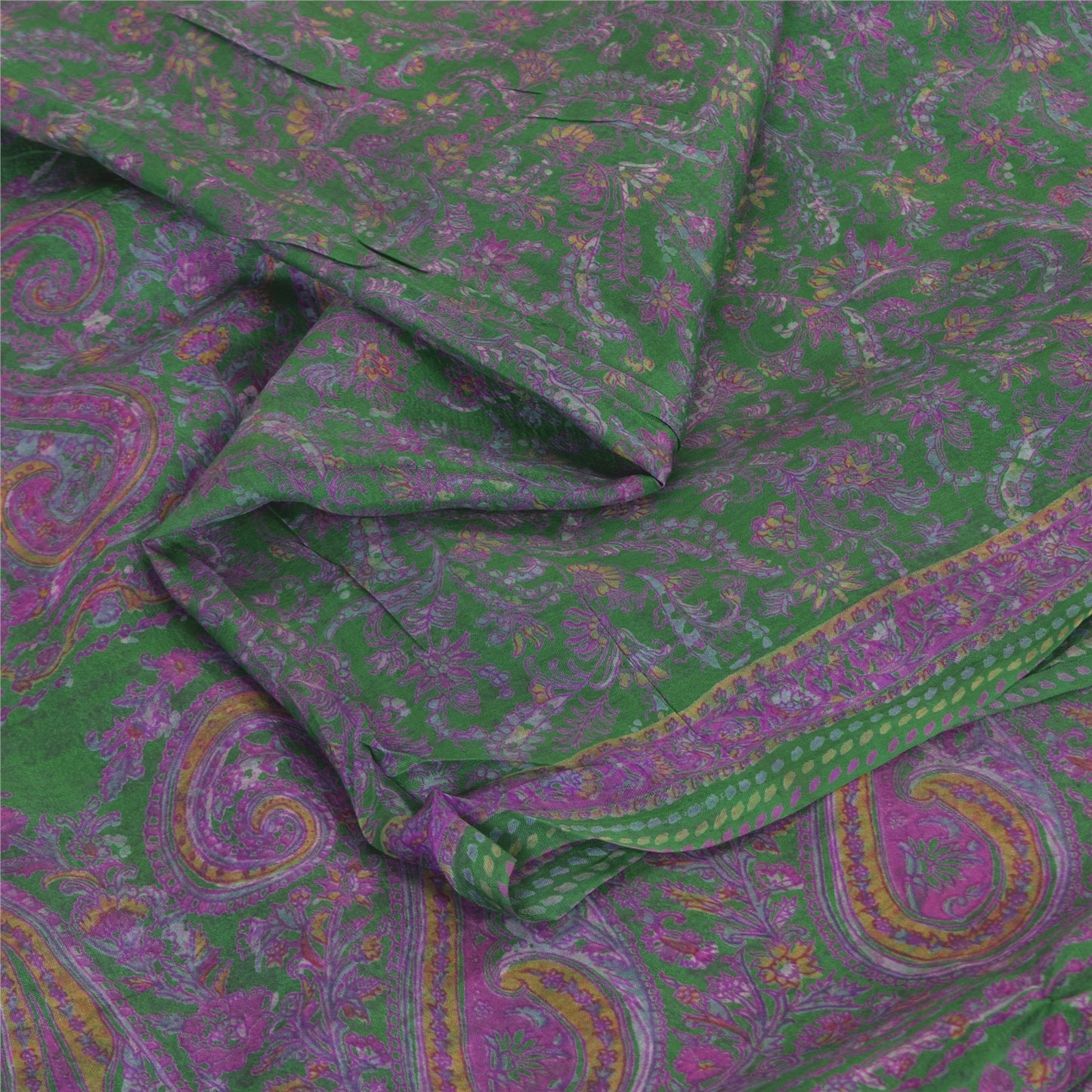 Sanskriti Vintage Sarees Green/Purple Pure Silk Printed Sari 6yd Craft Fabric