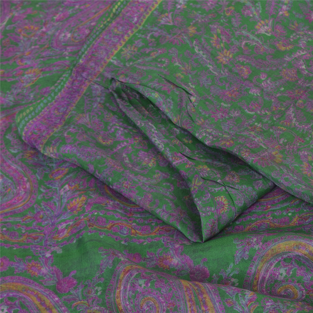 Sanskriti Vintage Sarees Green/Purple Pure Silk Printed Sari 6yd Craft Fabric