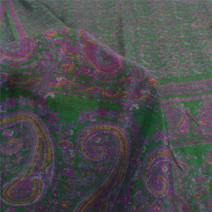 Sanskriti Vintage Sarees Green/Purple Pure Silk Printed Sari 6yd Craft Fabric