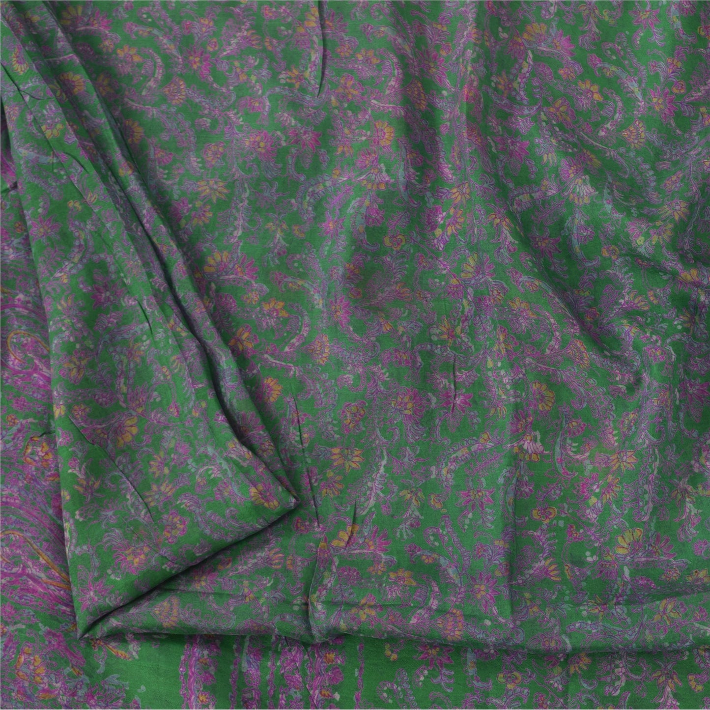 Sanskriti Vintage Sarees Green/Purple Pure Silk Printed Sari 6yd Craft Fabric