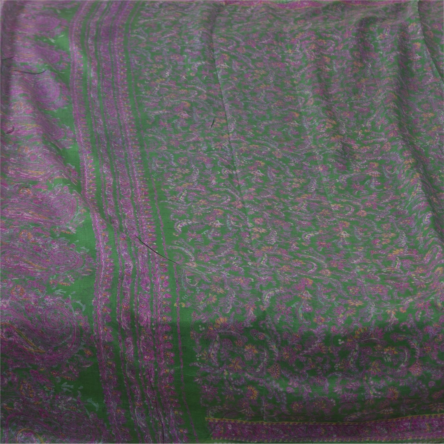 Sanskriti Vintage Sarees Green/Purple Pure Silk Printed Sari 6yd Craft Fabric