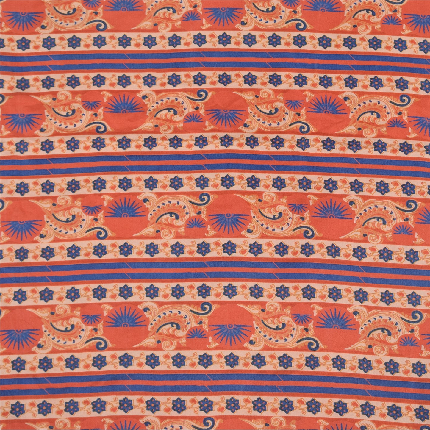 Sanskriti Vintage Sarees Orange/Blue Pure Silk Printed Sari 6yd Craft Fabric