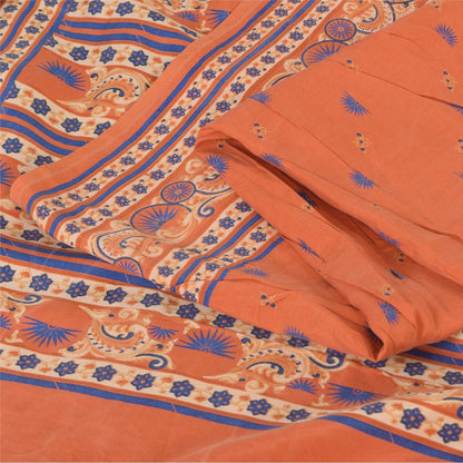 Sanskriti Vintage Sarees Orange/Blue Pure Silk Printed Sari 6yd Craft Fabric