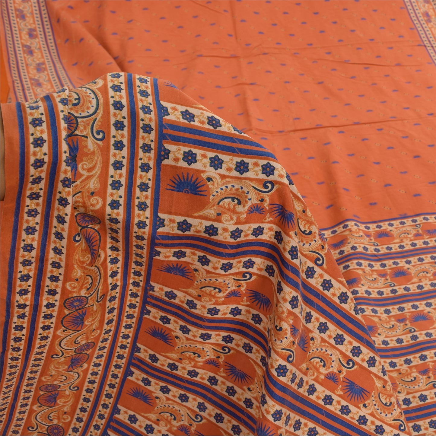 Sanskriti Vintage Sarees Orange/Blue Pure Silk Printed Sari 6yd Craft Fabric