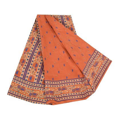 Sanskriti Vintage Sarees Orange/Blue Pure Silk Printed Sari 6yd Craft Fabric