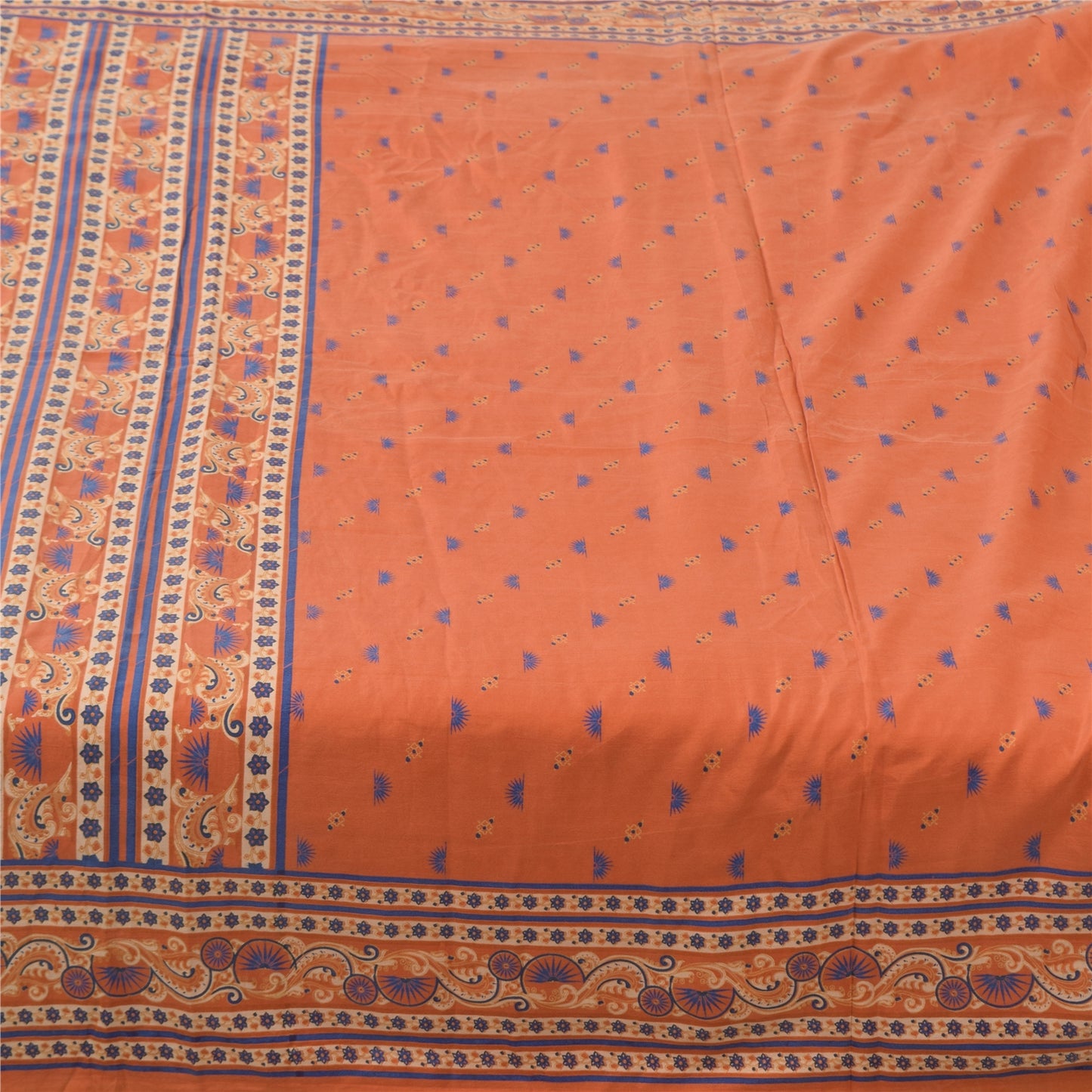 Sanskriti Vintage Sarees Orange/Blue Pure Silk Printed Sari 6yd Craft Fabric