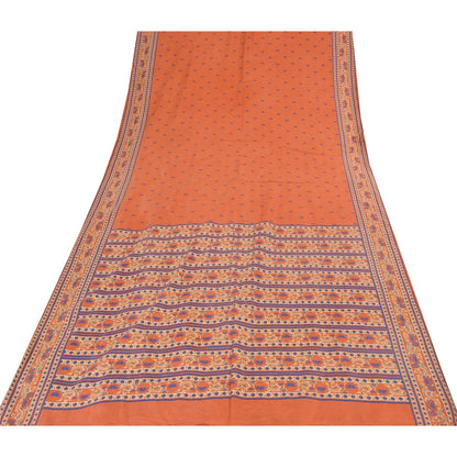 Sanskriti Vintage Sarees Orange/Blue Pure Silk Printed Sari 6yd Craft Fabric