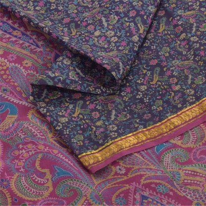 Sanskriti Vintage Sarees Purple Zari Border Pure Silk Printed Sari Craft Fabric