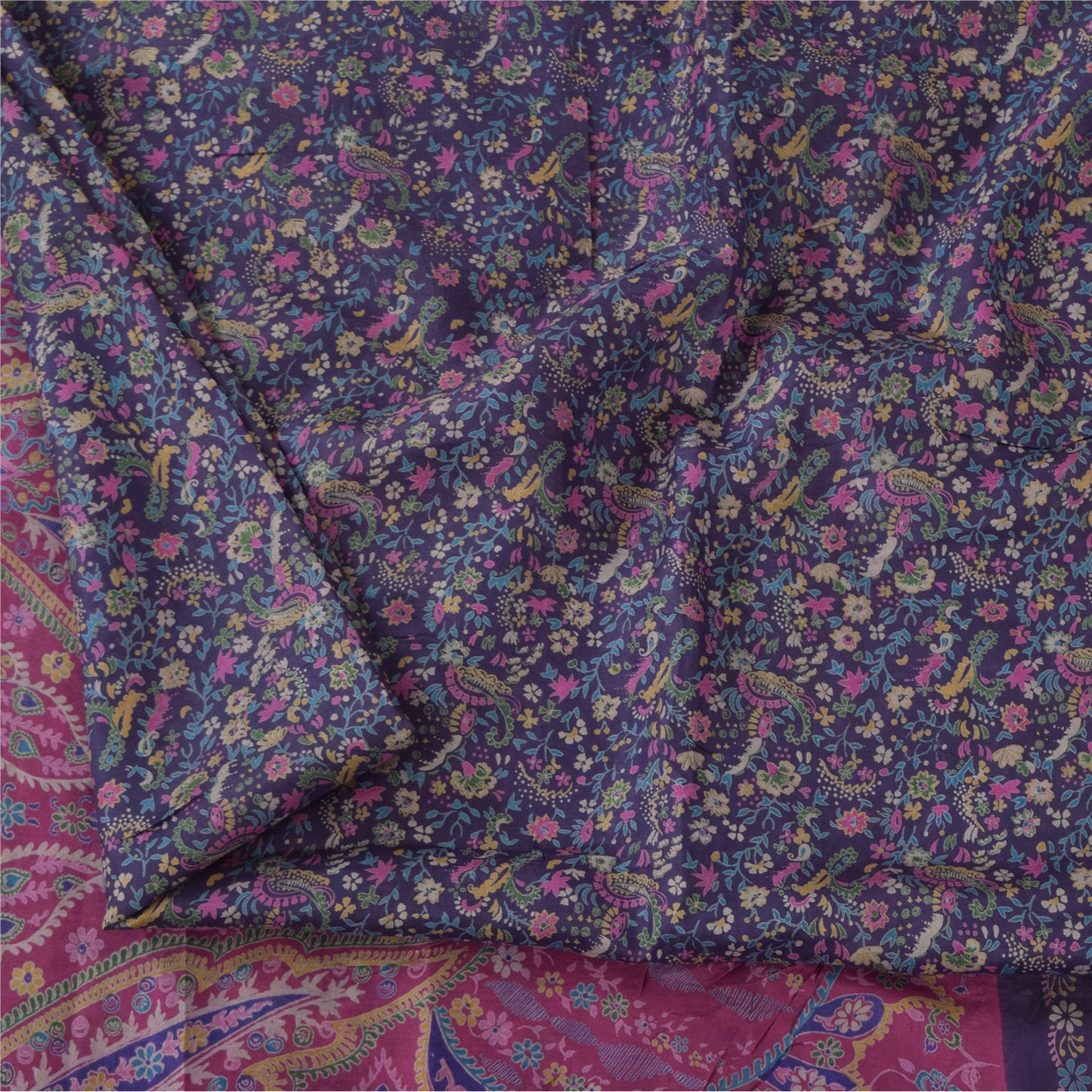 Sanskriti Vintage Sarees Purple Zari Border Pure Silk Printed Sari Craft Fabric