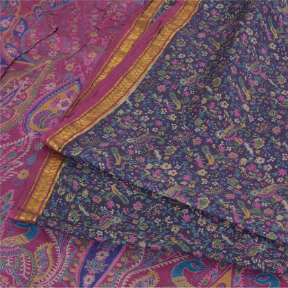 Sanskriti Vintage Sarees Purple Zari Border Pure Silk Printed Sari Craft Fabric