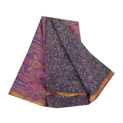 Sanskriti Vintage Sarees Purple Zari Border Pure Silk Printed Sari Craft Fabric