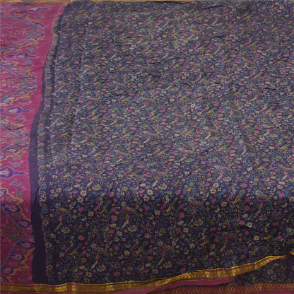 Sanskriti Vintage Sarees Purple Zari Border Pure Silk Printed Sari Craft Fabric