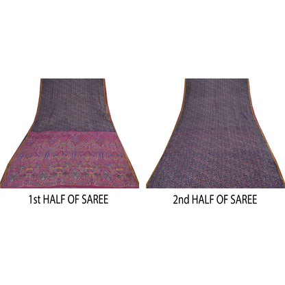 Sanskriti Vintage Sarees Purple Zari Border Pure Silk Printed Sari Craft Fabric