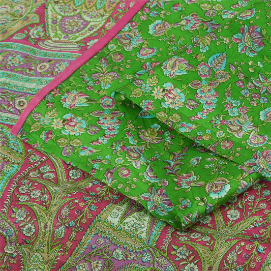 Sanskriti Vintage Sarees Indian Green Pure Silk Printed Sari 5yd Craft Fabric