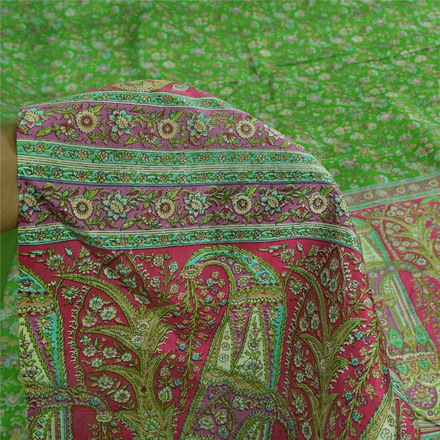 Sanskriti Vintage Sarees Indian Green Pure Silk Printed Sari 5yd Craft Fabric