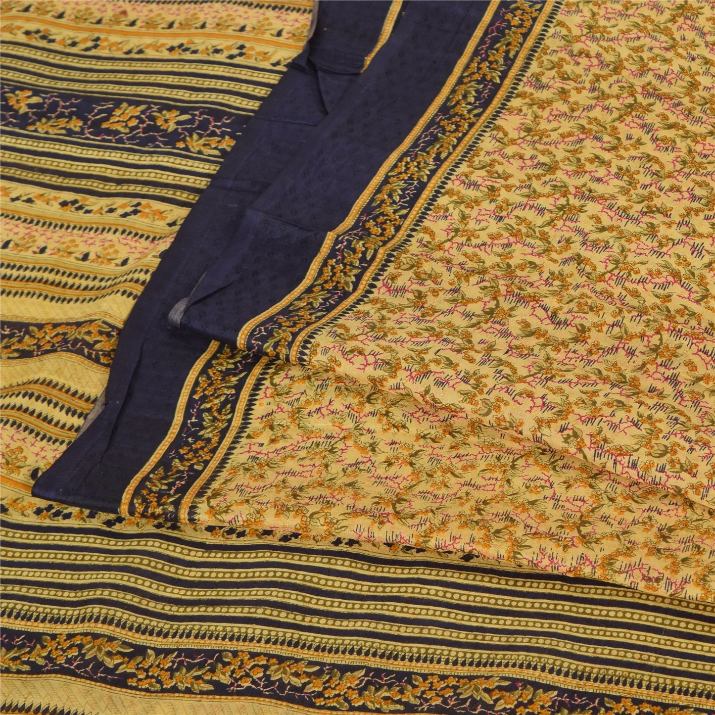 Sanskriti Vintage Sarees PaleYellow 100% Pure Silk Printed Sari 6yd Craft Fabric