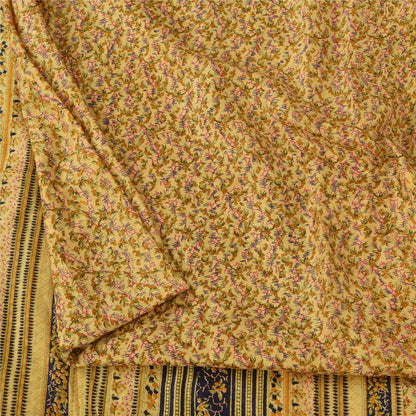 Sanskriti Vintage Sarees PaleYellow 100% Pure Silk Printed Sari 6yd Craft Fabric