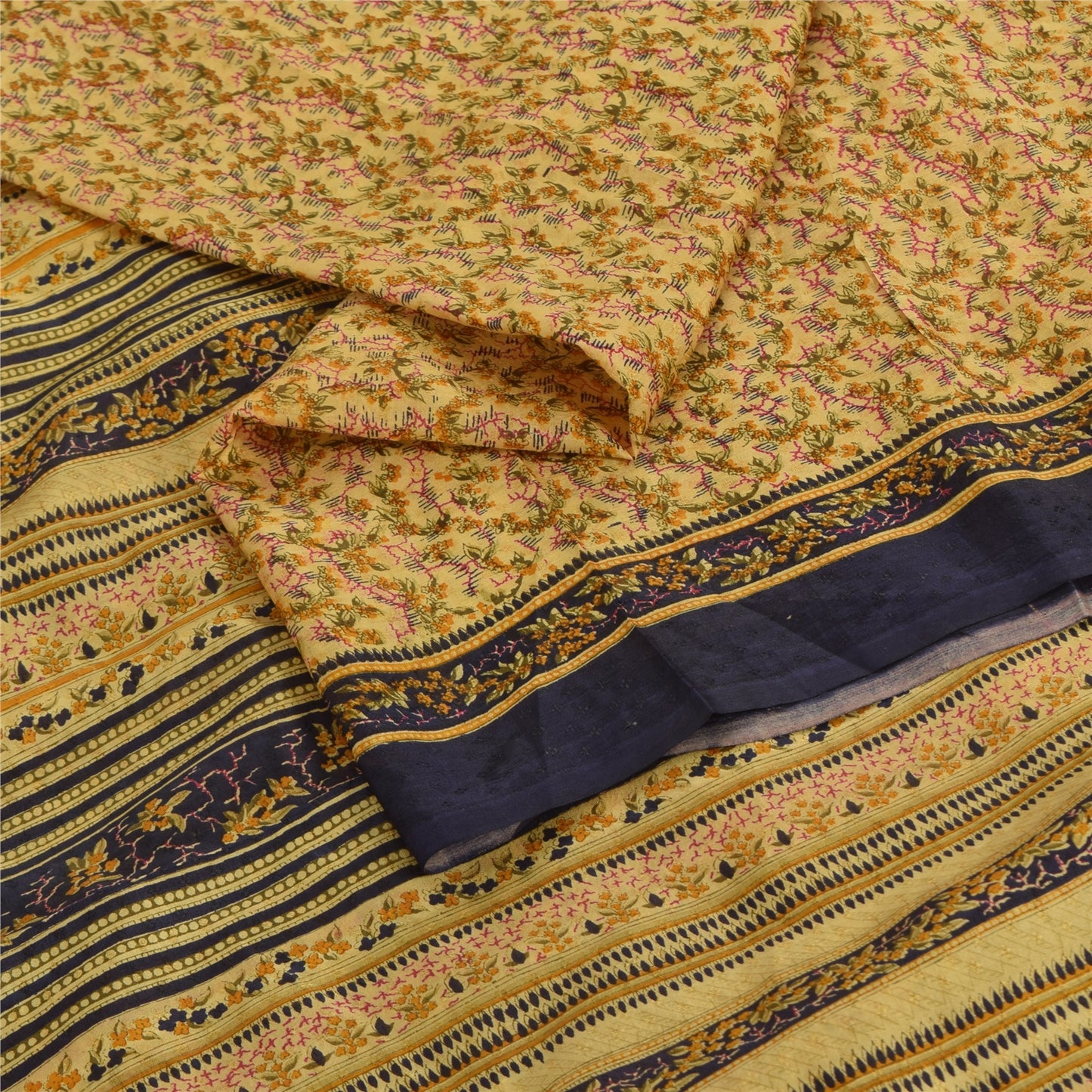 Sanskriti Vintage Sarees PaleYellow 100% Pure Silk Printed Sari 6yd Craft Fabric