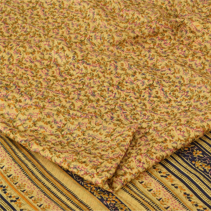 Sanskriti Vintage Sarees PaleYellow 100% Pure Silk Printed Sari 6yd Craft Fabric