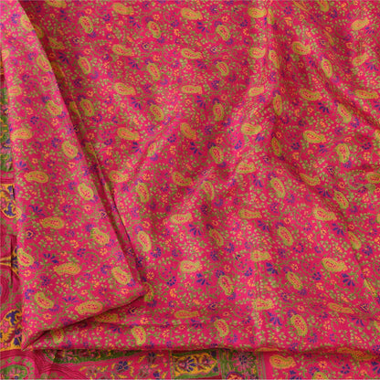 Sanskriti Vintage Sarees Pink Zari Border Pure Silk Print Sari 6yd Craft Fabric