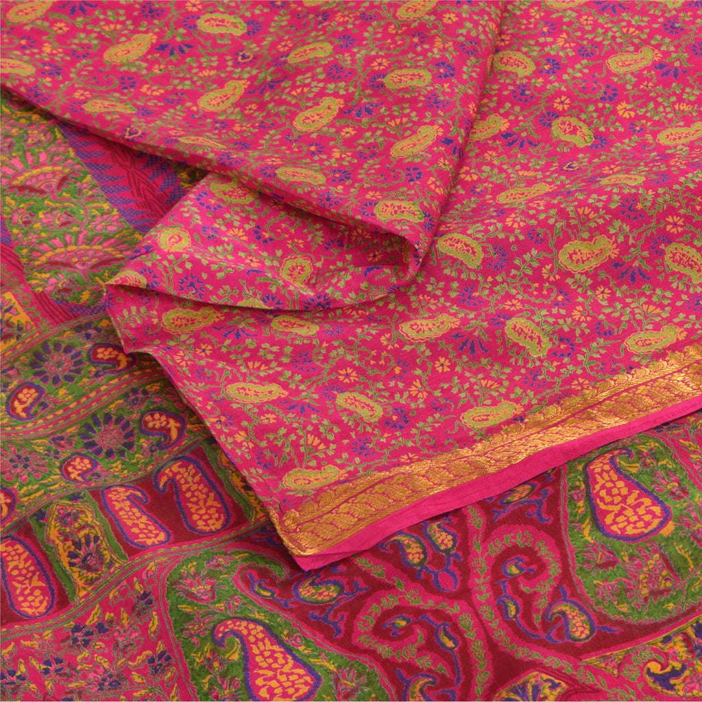 Sanskriti Vintage Sarees Pink Zari Border Pure Silk Print Sari 6yd Craft Fabric