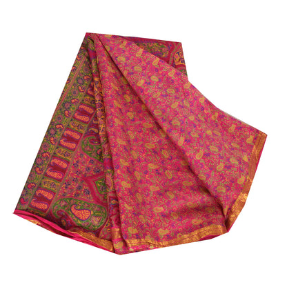 Sanskriti Vintage Sarees Pink Zari Border Pure Silk Print Sari 6yd Craft Fabric