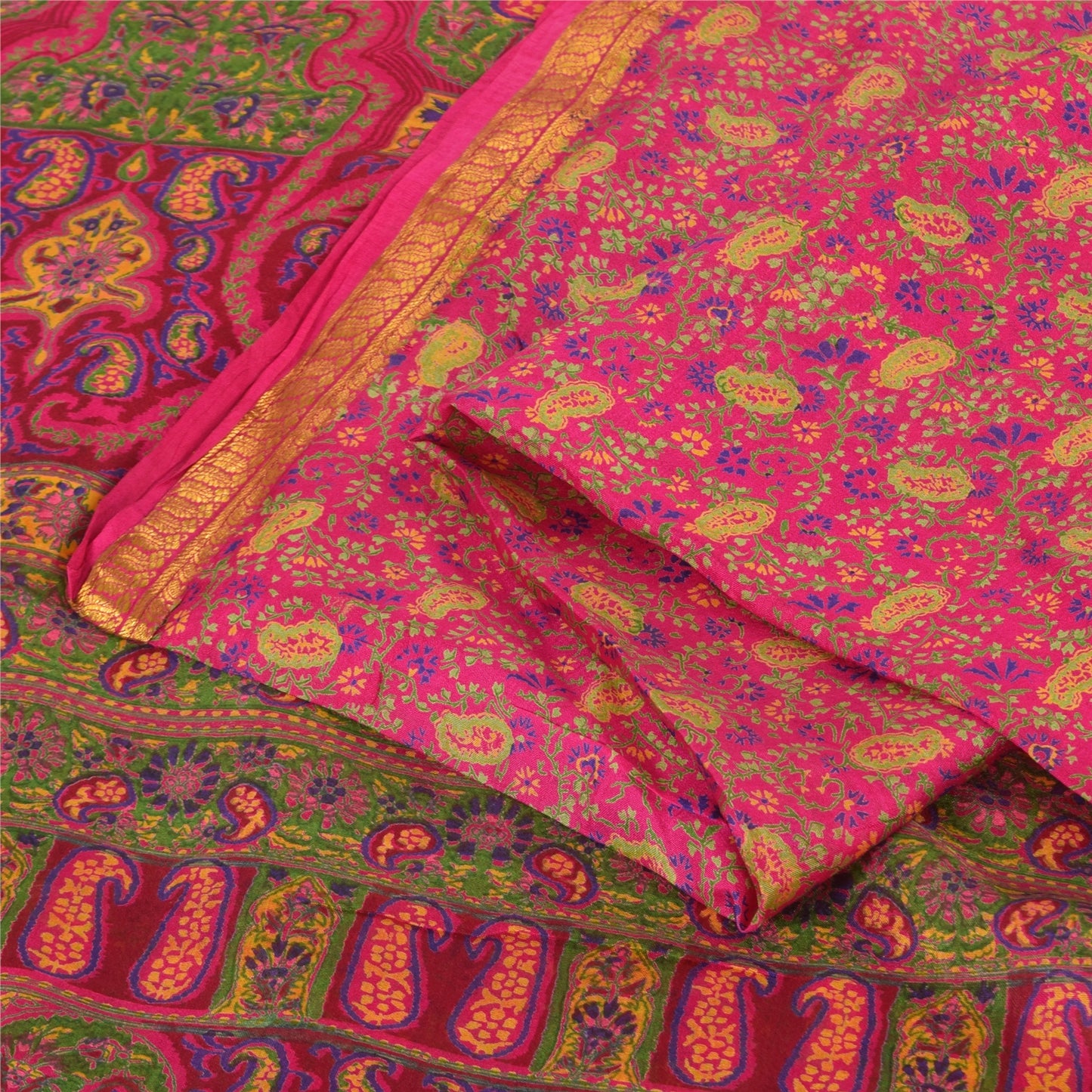 Sanskriti Vintage Sarees Pink Zari Border Pure Silk Print Sari 6yd Craft Fabric