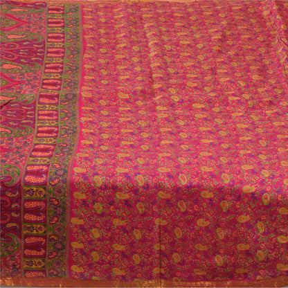 Sanskriti Vintage Sarees Pink Zari Border Pure Silk Print Sari 6yd Craft Fabric