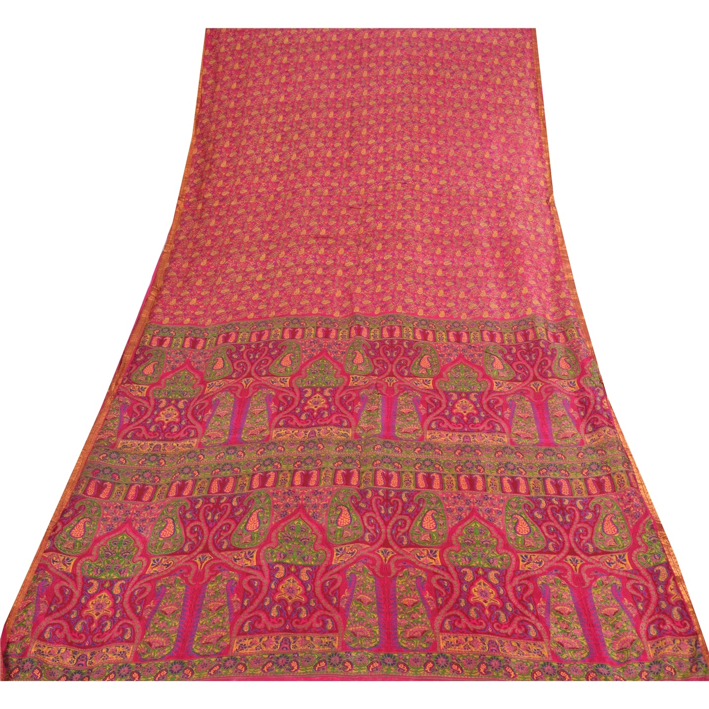 Sanskriti Vintage Sarees Pink Zari Border Pure Silk Print Sari 6yd Craft Fabric