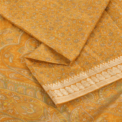 Sanskriti Vintage Sarees Yellow Indian Pure Silk Printed Sari 5yd Craft Fabric