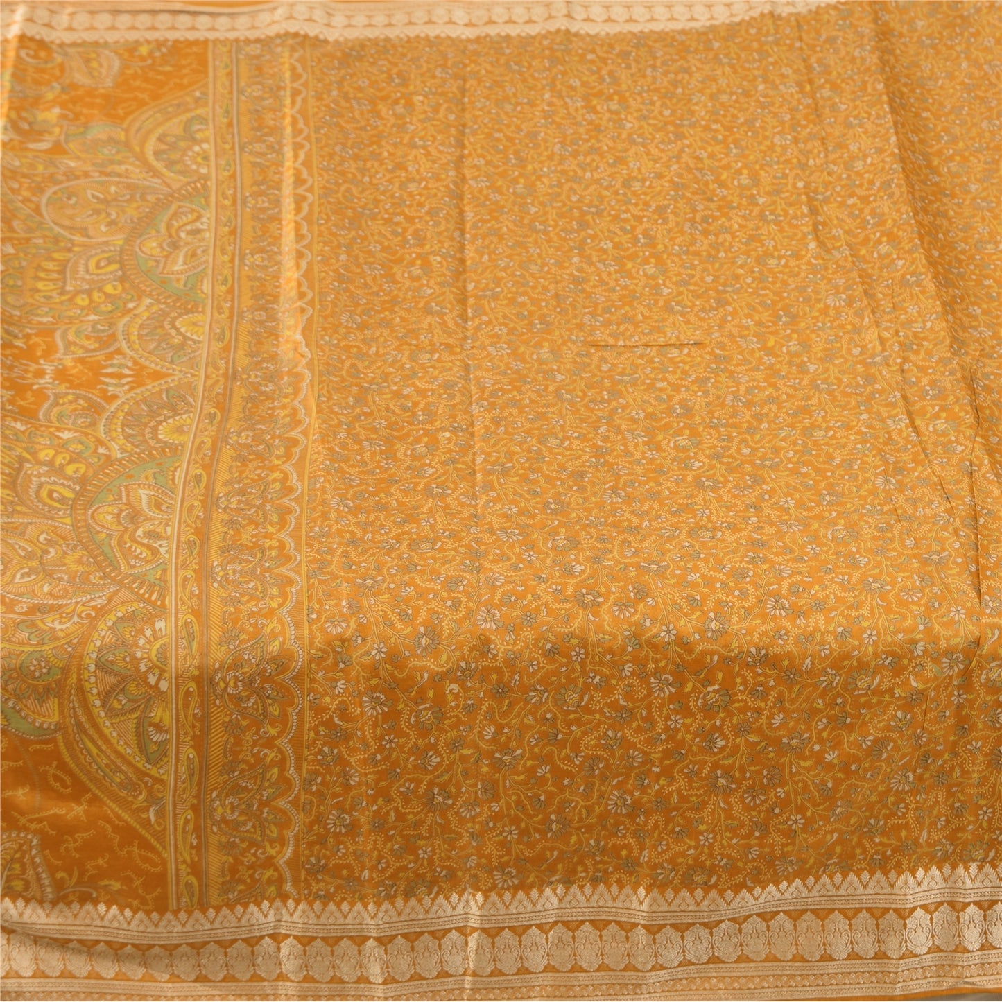 Sanskriti Vintage Sarees Yellow Indian Pure Silk Printed Sari 5yd Craft Fabric