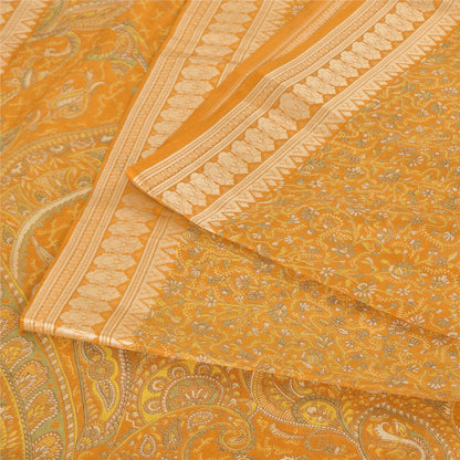 Sanskriti Vintage Sarees Yellow Indian Pure Silk Printed Sari 5yd Craft Fabric