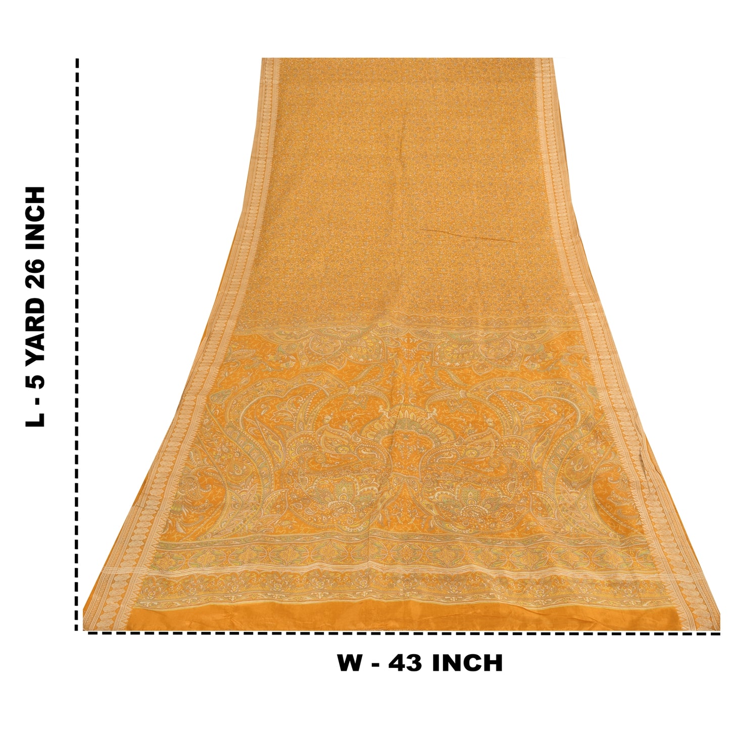 Sanskriti Vintage Sarees Yellow Indian Pure Silk Printed Sari 5yd Craft Fabric