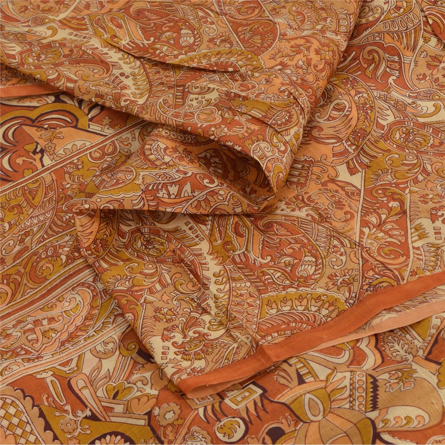 Sanskriti Vintage Sarees Orange 100% Pure Silk Printed Sari 5yd Craft Fabric