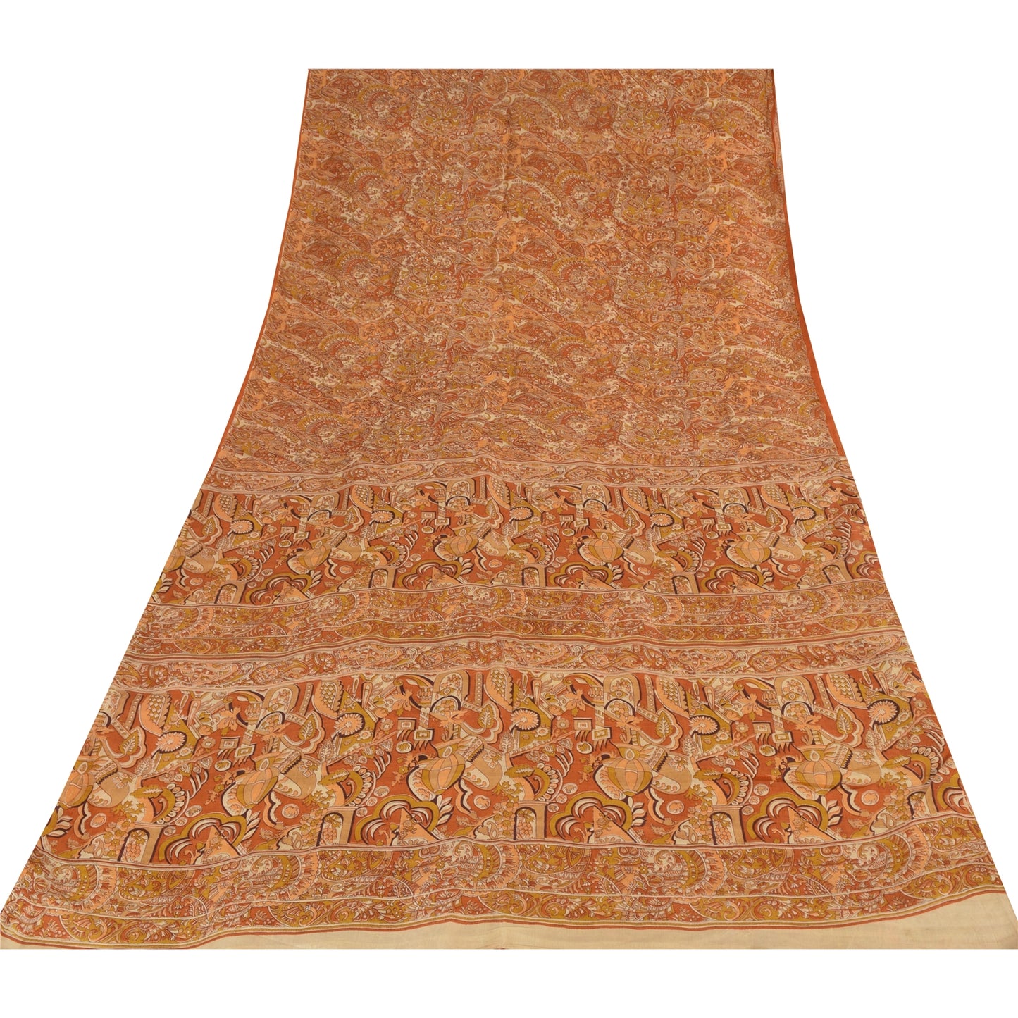 Sanskriti Vintage Sarees Orange 100% Pure Silk Printed Sari 5yd Craft Fabric