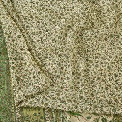 Sanskriti Vintage Sarees Green/Cream Pure Silk Printed Sari Floral Craft Fabric